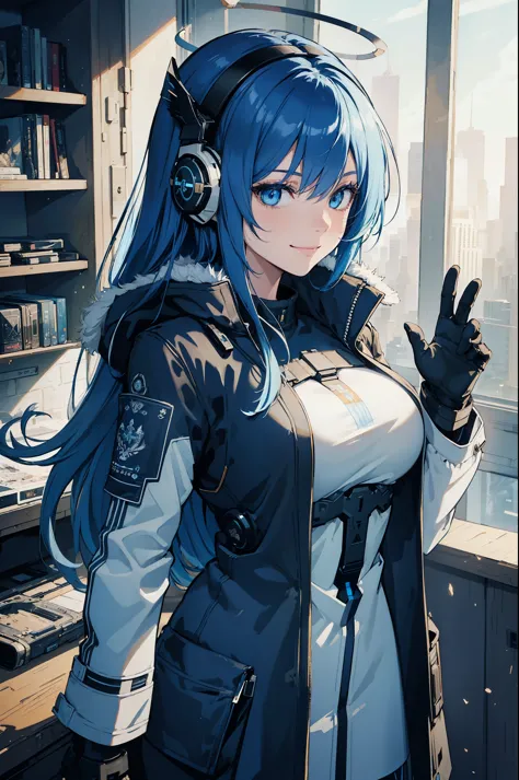 (best quality:1.3), (masterpiece:1.3), (illustration:1.3), (ultra-detailed:1.3), (mid shot:0.9), 1girl, long hair, blue hair, bl...