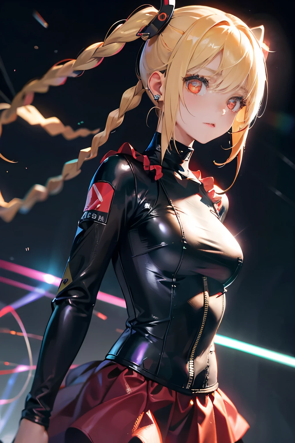 optimum，tmasterpiece，hight resolution，best qualtiy，hyper HD，super detailing，awardwinning，16 K，solo，（The upper part of the body），anatomy correct，Beautiful cyberpunk girl，cute  face，，a blond、Longhaire、Twin-tailed、Braids, Hairline，（（scarlet eyes）），long eyelasher，Hanging eye corners，White skin of the，（lim body），（（Women's Extra Short Shawl Leather Jacket）），（（Racing_Suit）），（（High-Low_long  skirt）），Ear studs，（neck rings），（Laser material clothing：1.2）