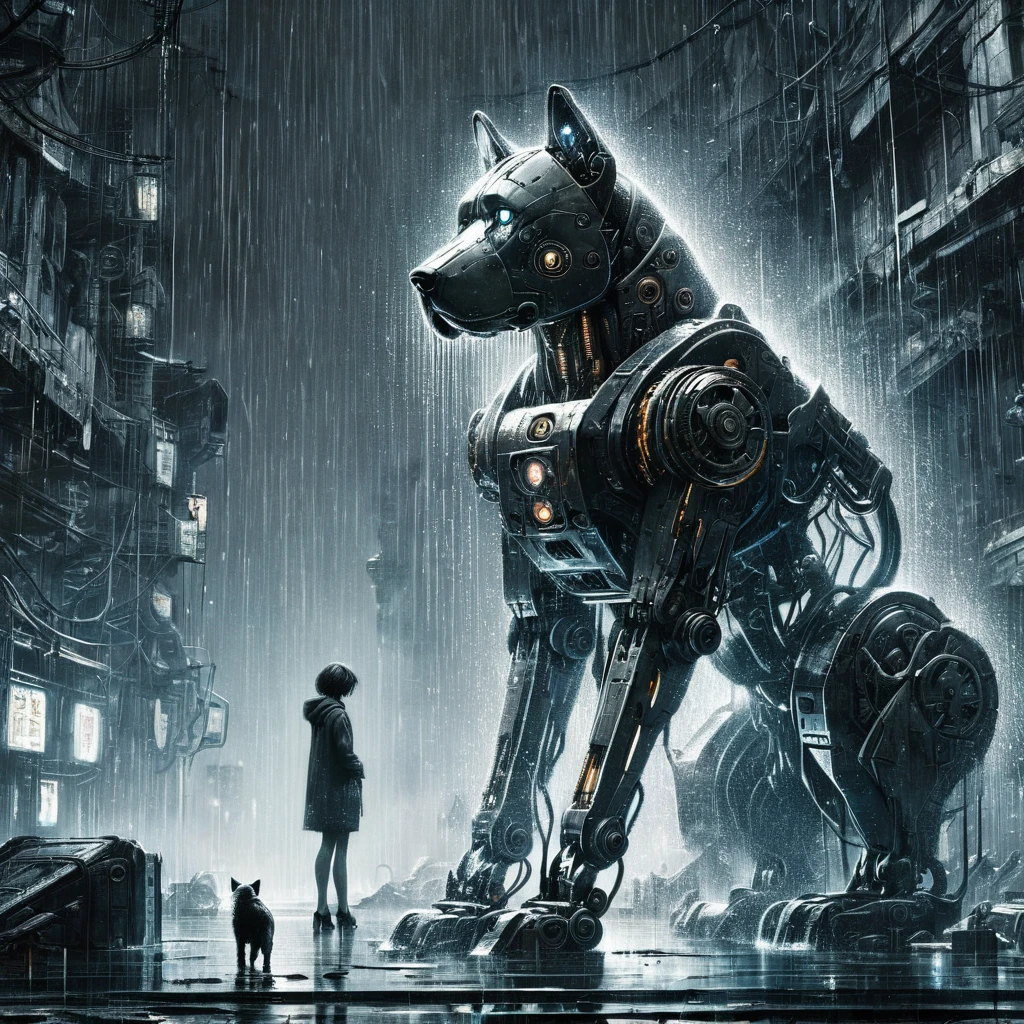 High Resolution, High Quality, Masterpiece. hyperrealism, surrealism. An hotorealistic art in the style of an artstation . Fantasy on the theme of Hachiko- cybernetic mechanism, mecha-dog, As in the movie, waiting for the owner. Reflective raindrops. Pitifully. Abandonment. Emotion to tears. Cyberpunk. Hyperdetalization. 32k, neon ambiance, abstract black oil, gear mecha, detailed acrylic, grunge, intricate complexity, rendered in unreal engine, photorealistic