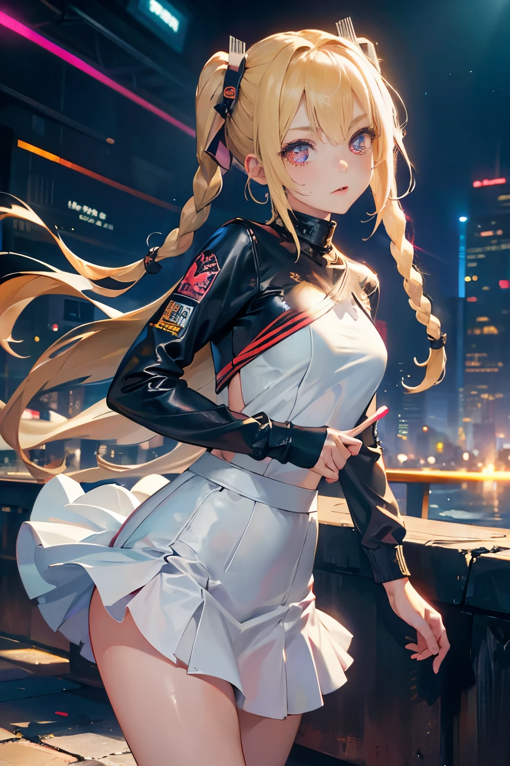 optimum，tmasterpiece，hight resolution，best qualtiy，hyper HD，super detailing，awardwinning，16 K，solo，（The upper part of the body），anatomy correct，Beautiful cyberpunk girl，cute  face，，a blond、Longhaire、Twin-tailed、Braids, Hairline，（（scarlet eyes）），long eyelasher，Hanging eye corners，White skin of the，（lim body），（（Women's Extra Short Shawl Leather Jacket）），（（Racing_Suit）），（（High-Low_long  skirt）），Ear studs，（neck rings），（Laser material clothing：1.2）