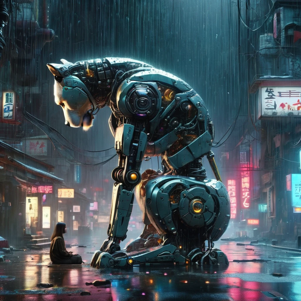 High Resolution, High Quality, Masterpiece. hyperrealism, surrealism. An hotorealistic art in the style of an artstation . Fantasy on the theme of Hachiko- cybernetic mechanism, mecha-dog, As in the movie, waiting for the owner. Reflective raindrops. Pitifully. Abandonment. Emotion to tears. Cyberpunk. Hyperdetalization. 32k, neon ambiance, abstract black oil, gear mecha, detailed acrylic, grunge, intricate complexity, rendered in unreal engine, photorealistic
