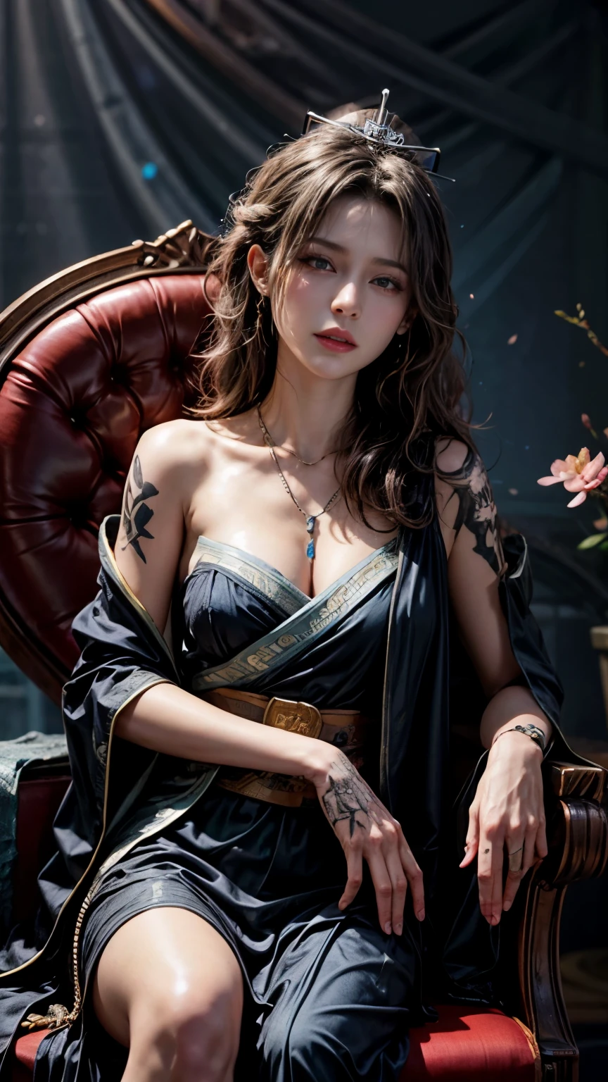 Portrait of a 21 year old 聖人,Charming アダルト 聖人 in a long dress made of thin silk, beautiful 聖人 with an old 顔, アダルト, 彼女は明るいカラフルなドレスを着ています:1.5, beautiful 顔 without blemishes, ((髪の長さ7色:1.2)), 大きな王冠, ヘアブローチ, 漢服ドレス, 中国古代スタイル, 全身ジュエリー, 額の入れ墨, 顔の入れ墨,非常に均一な胸, 顔, innocent 顔, 最も美しく繊細な薄紅の口紅, ((薄くてふっくらとした唇:0.3)), ((ゴールデンアイズカラー:0.6)), 詳細で繊細な照明効果, 明暗, ドラマチックな照明, 魔法の光, 非常に詳細な光, ナチュラルカラー, 超シャープ, 現実的, 8K品質, ファンタジー宇宙の背景, A space of 聖人s and magic, 最も詳細な画像, ((一人で:0.3)), ((to the 聖人s:0.6)), ((聖人を真っ直ぐ見つめる&#39;上半身:0.4)), ((すべすべの肌:0.5)), ((聖人&#39;ベールの:0.6)),入れ墨 , フェイス入れ墨,花魁 , 宝石で作られた服 , 桜 , 🌸 , 草原 ,  目を閉じて椅子で眠る:1.5 