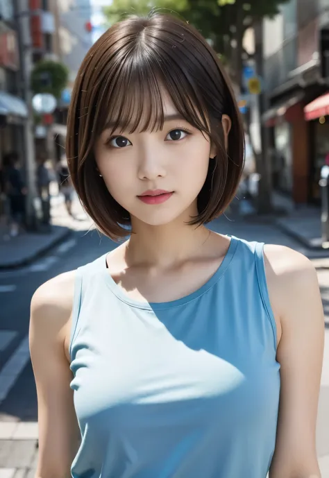 (((city:1.3, outdoors, Photographed from the front))), ((medium bob:1.3,light blue tank top, japanese woman, cute)), (clean, nat...