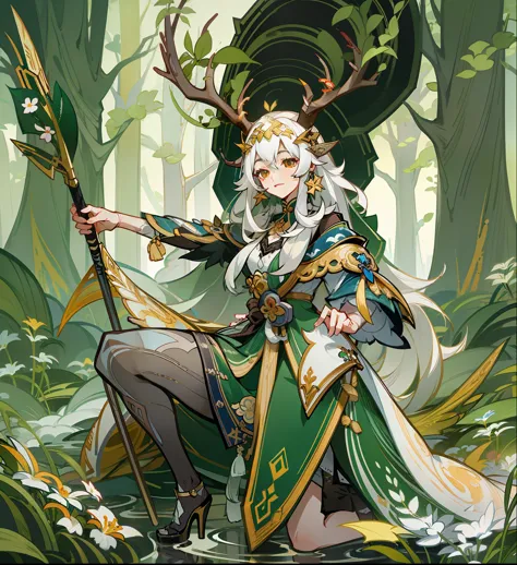Harakami Impact Style ((very good quality)), Daughter of the Forest, white dress, octave rendering style, long white hair with a...