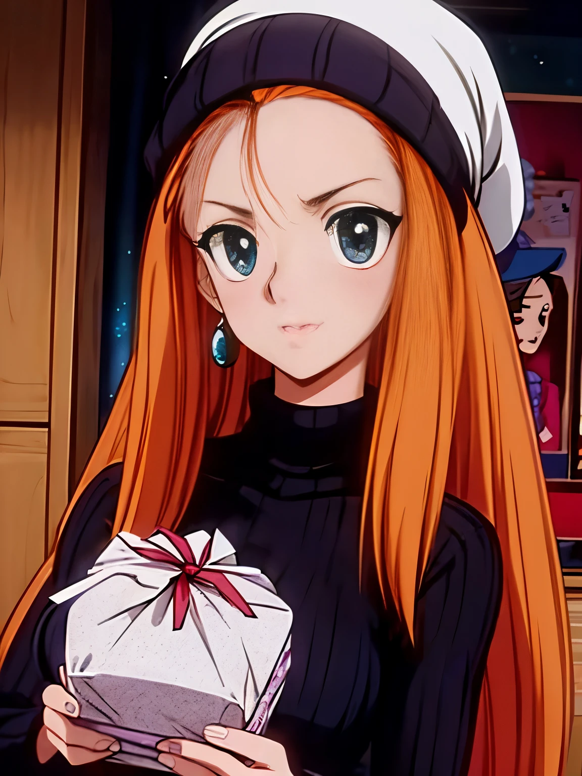 Anime girl with long red hair holding a present in her hand - SeaArt AI