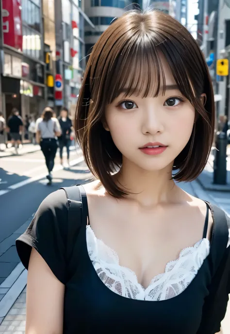 (((city:1.3, outdoors, Photographed from the front))), ((medium bob:1.3,Bicolor white and black dress, japanese woman, cute)), (...