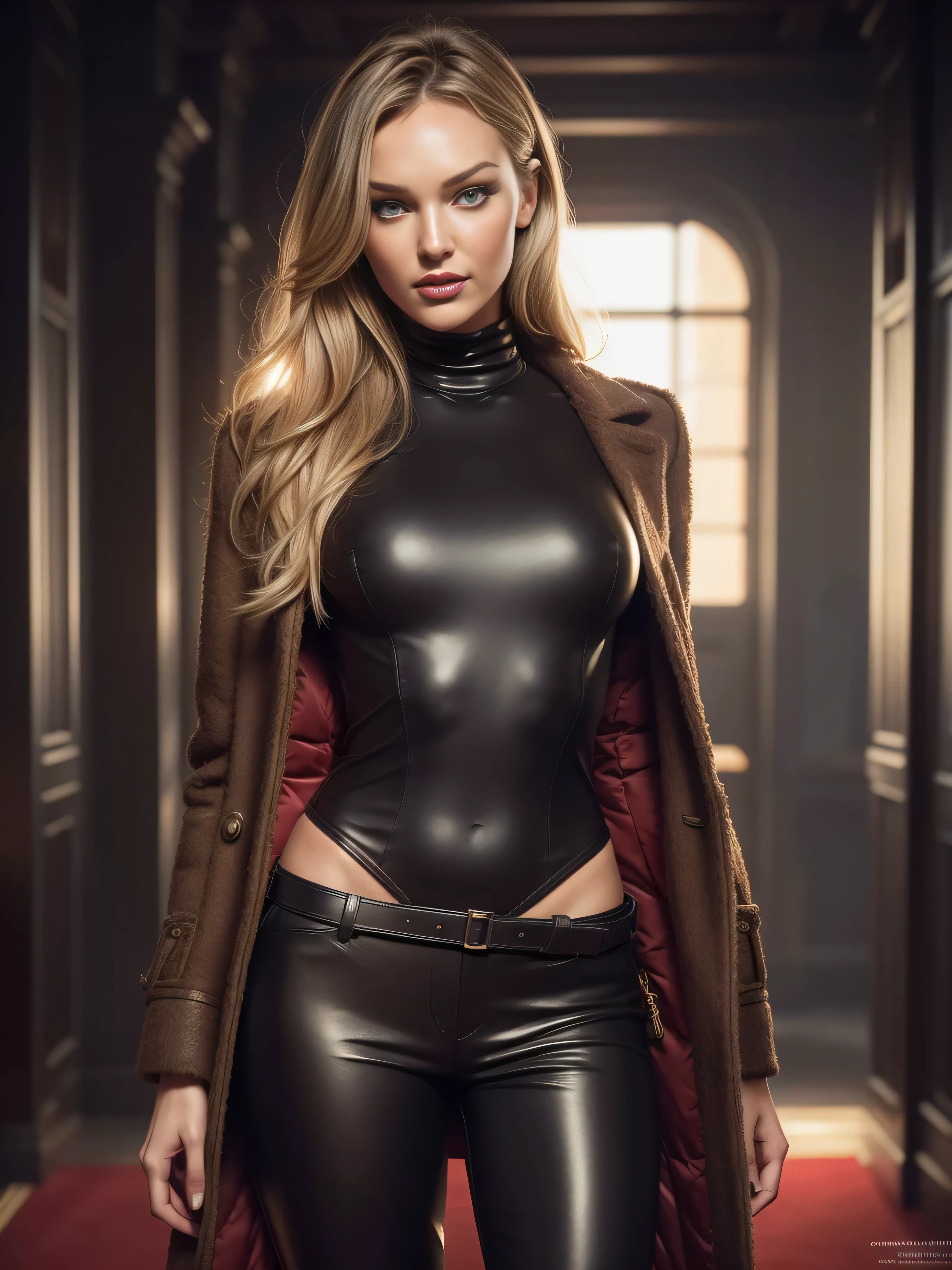 full body photo of Candice Swanepoel, a woman as a movie star, modelshoot style, (extremely detailed CG unity 8k wallpaper), (closeup portrait:!.1), photo of the most beautiful artwork in the world, professional majestic oil painting by Ed Blinkey, Atey Ghailan, Studio Ghibli, by Jeremy Mann, Greg Manchess, Antonio Moro, trending on ArtStation, trending on CGSociety, Intricate, High Detail, Sharp focus, dramatic, photorealistic painting art by midjourney and greg rutkowski, (long brown coat), (turtleneck), ((comicon event)), (leather trousers), ((standing on the red carpet)), ((paparazzi in the background)), (looking at viewer), (detailed pupils:1.3), (modern outfit:1.2), (closeup), red lips, (eye shadow)