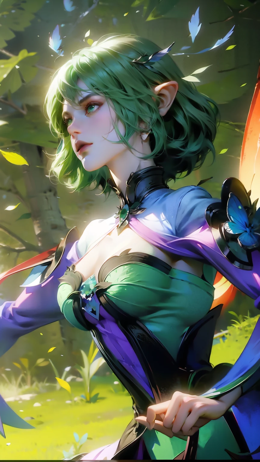 Wearing green and black clothing、Anime girl with wings and green background, Elf character, Fairy, forest Fairy, Insect trainer girl, brunette elf with Fairy wings, Elf, Cute 3D anime girl rendering, April rendering, Fairy dance, Dynamic sense
