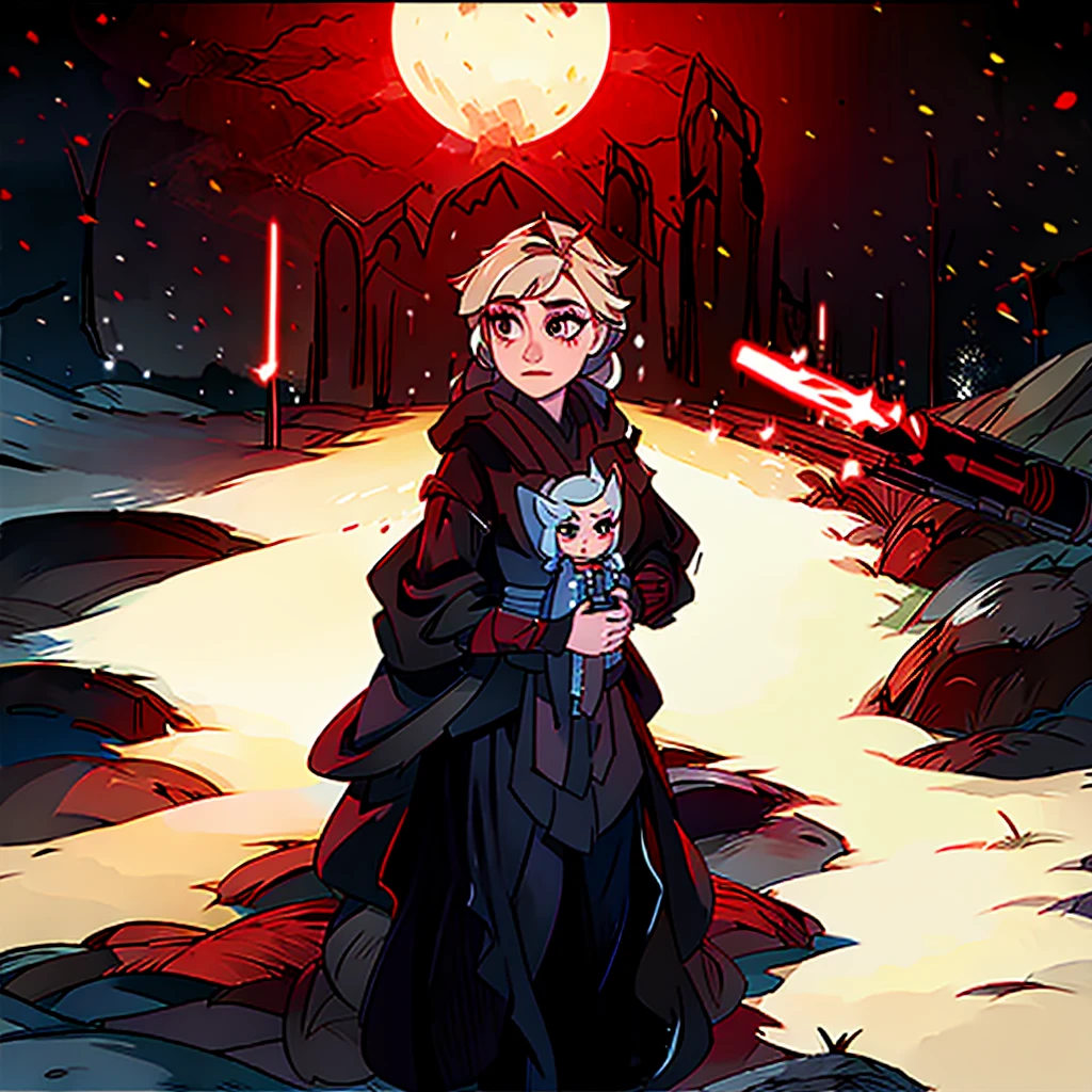 Elsa princess from Frozen dressed in a black Sith robe and holding a red Star Wars-style lightsaber in her hands, with the clone army in the background