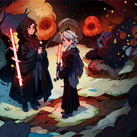 elsa princess from frozen dressed in a black sith robe and holding a red star wars-style lightsaber in her hands, with the clone...