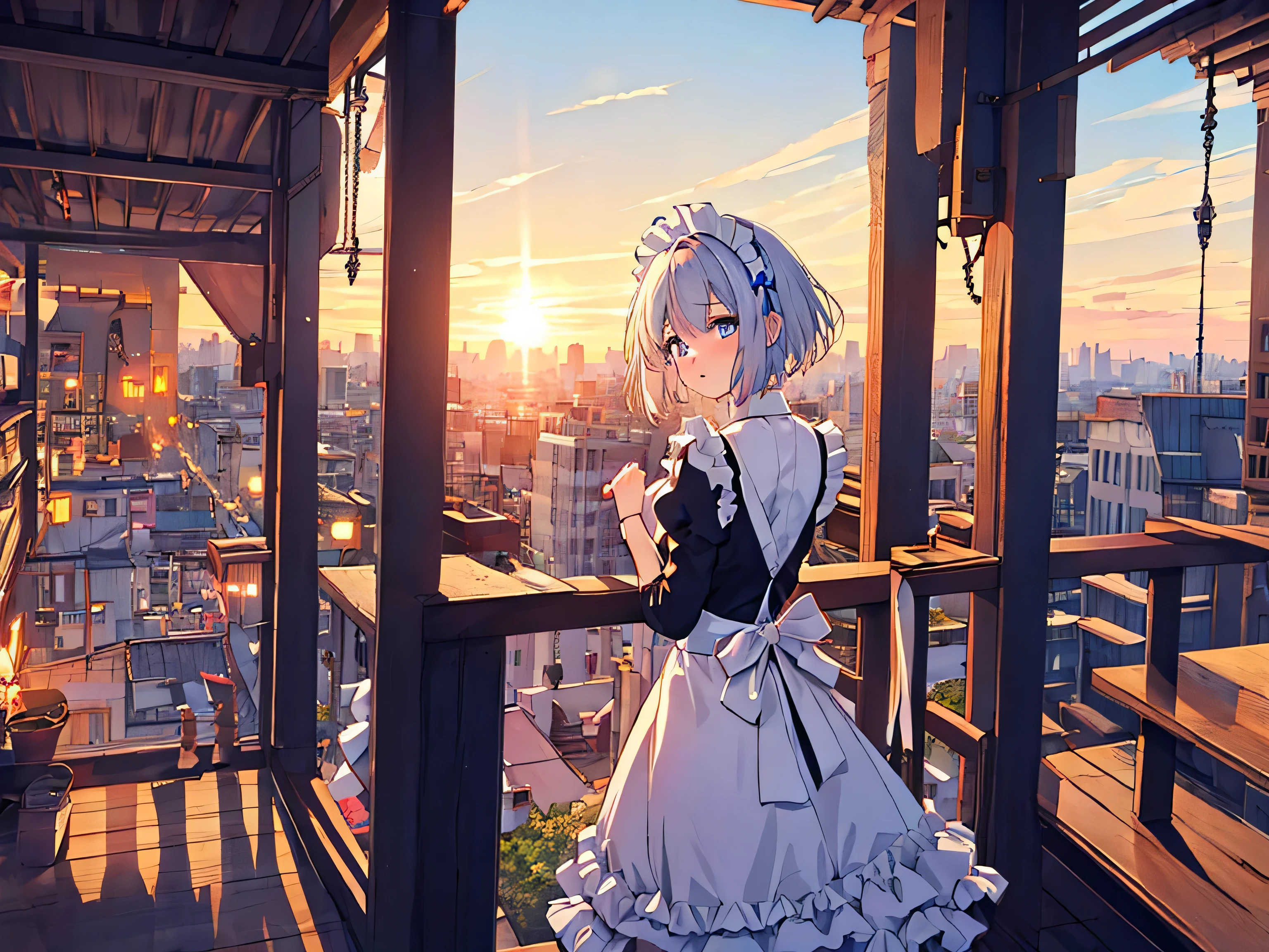 {{{{{Una criada contemplando la vista nocturna desde lo alto de una torre alta.}}}}}, fondo de alta calidad, Fondo de juego de alta definición CG, 2D, Dios{{{{{cara de estilo anime}}}}}, una criada, contorno largo, obra maestra, de la máxima calidad, 32k, hiper detalle, Exquisitos ojos azules, Inexpresivo y condescendiente, grado superior, ropa de mucama, Detalles de pelo corto blanco., {{{archivo azul}}}, pecho mediano, paisaje urbano, ultra alta resolución,Más detallado,complejo,8K,hdr, cielo del atardecer y estelas de vapor,