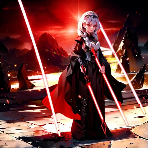 elsa princess from frozen dressed in a black sith robe and holding a red star wars-style lightsaber in her hands, with the clone...