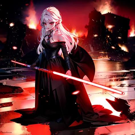 elsa princess from frozen dressed in a black sith robe and holding a red star wars-style lightsaber in her hands, with the clone...