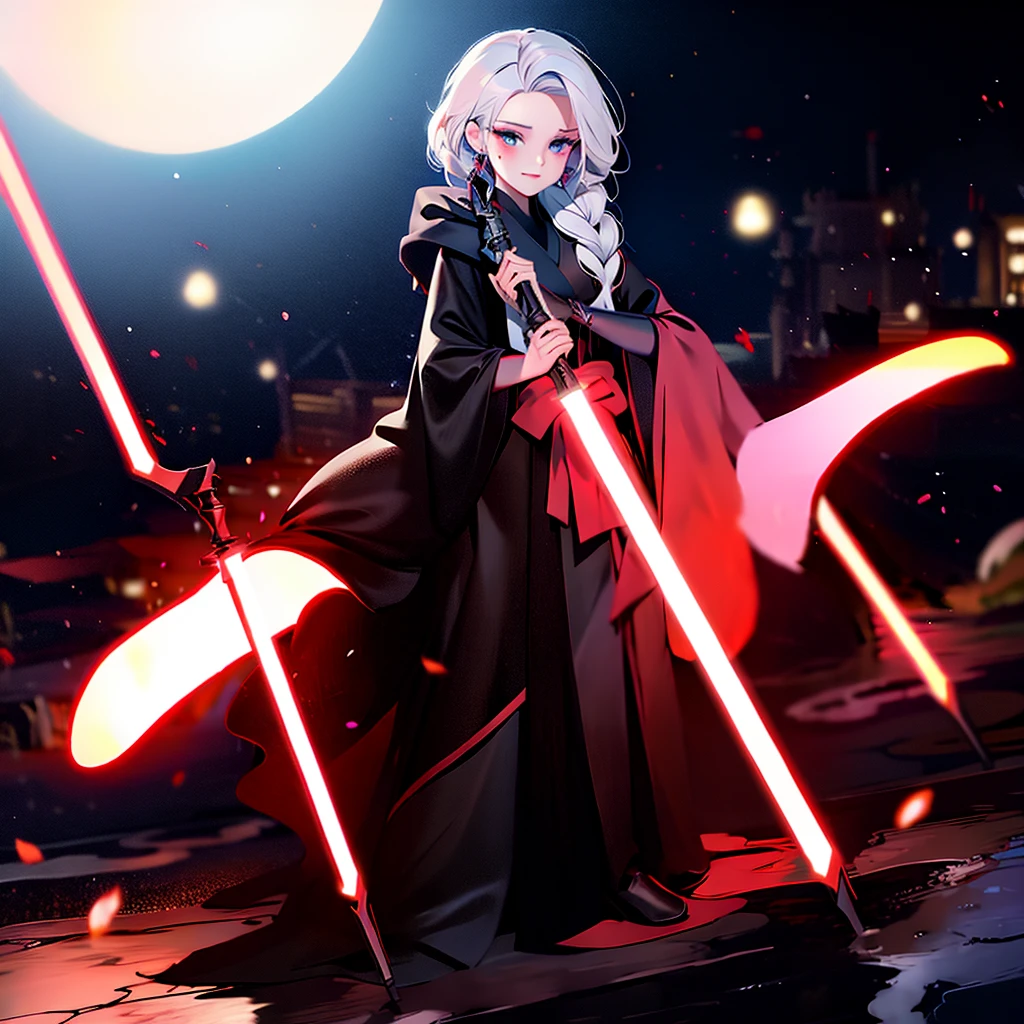 Elsa princess from Frozen dressed in a black Sith robe and holding a red Star Wars-style lightsaber in her hands, with the clone army in the background