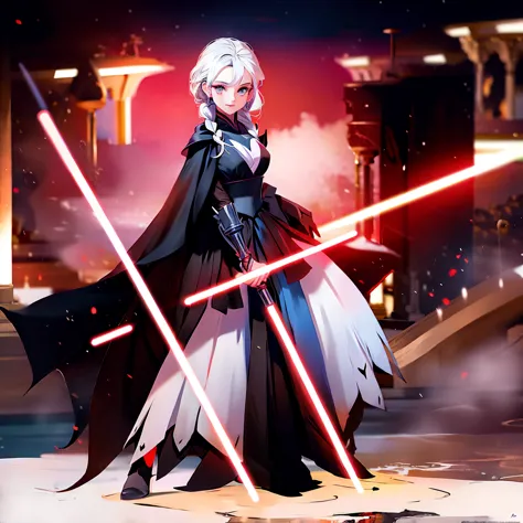 elsa princess from frozen dressed in a black sith robe and holding a red star wars-style lightsaber in her hands, with the clone...