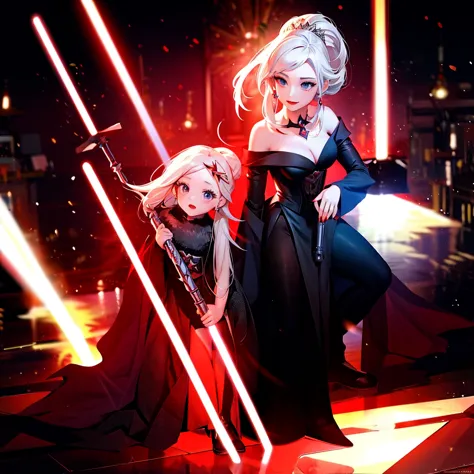 elsa princess from frozen dressed in a black sith robe and holding a red star wars-style lightsaber in her hands, with the clone...