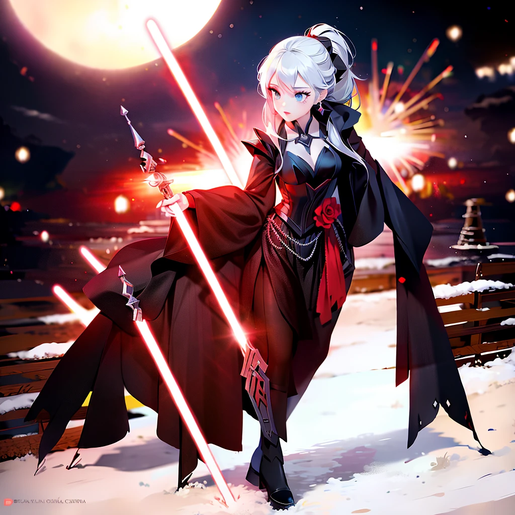 Elsa princess from Frozen dressed in a black Sith robe and holding a red Star Wars-style lightsaber in her hands, with the clone army in the background