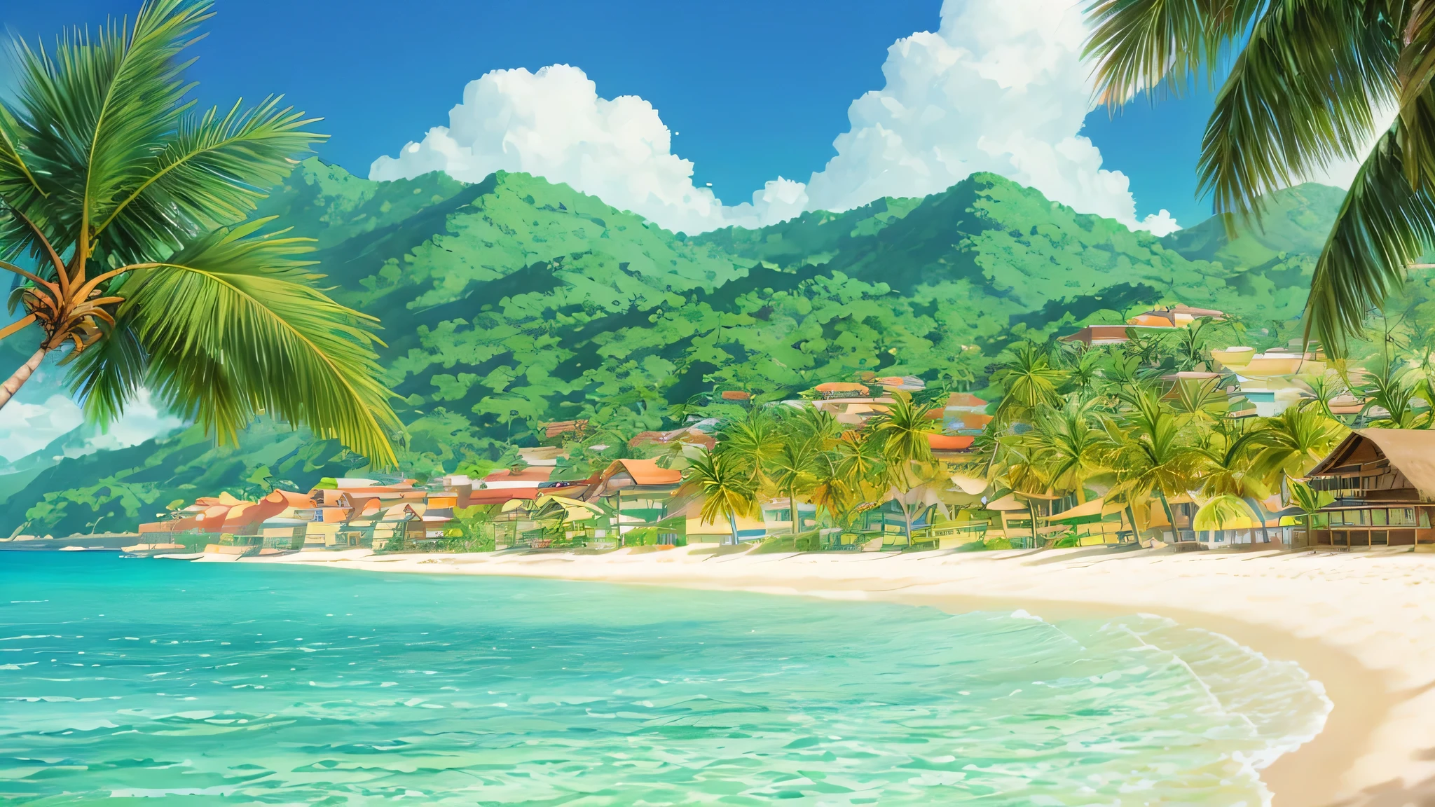 Sea side、palm tree on a sunny day、Spectacular scenery of a tropical country、live action、There are no people、(high quality、High resolution)3Delight Beachの風景、halo 8K、The details of the beach are clearly depicted.、Refreshing summer atmosphere、Coconut tree and coconut、detailed。