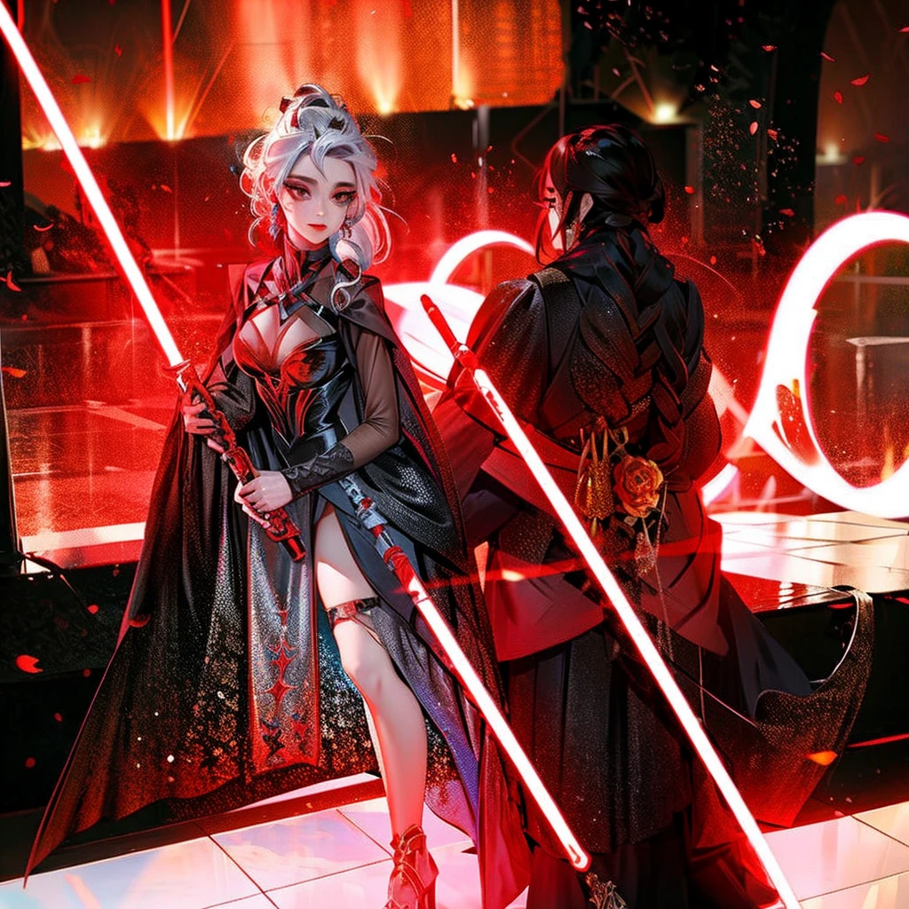 Elsa princess from Frozen dressed in a black Sith robe and holding a red Star Wars-style lightsaber in her hands, with the clone army in the background