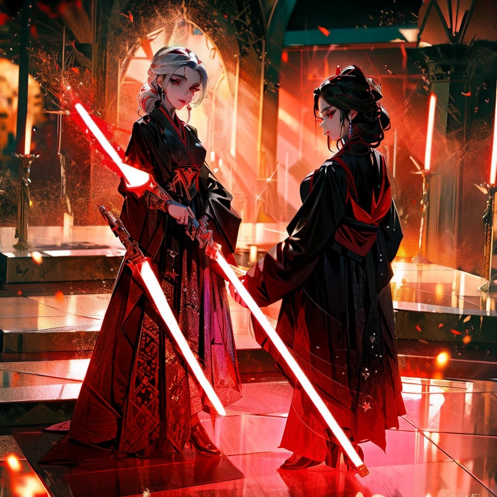 Elsa princess from Frozen dressed in a black Sith robe and holding a red Star Wars-style lightsaber in her hands, with the clone army in the background