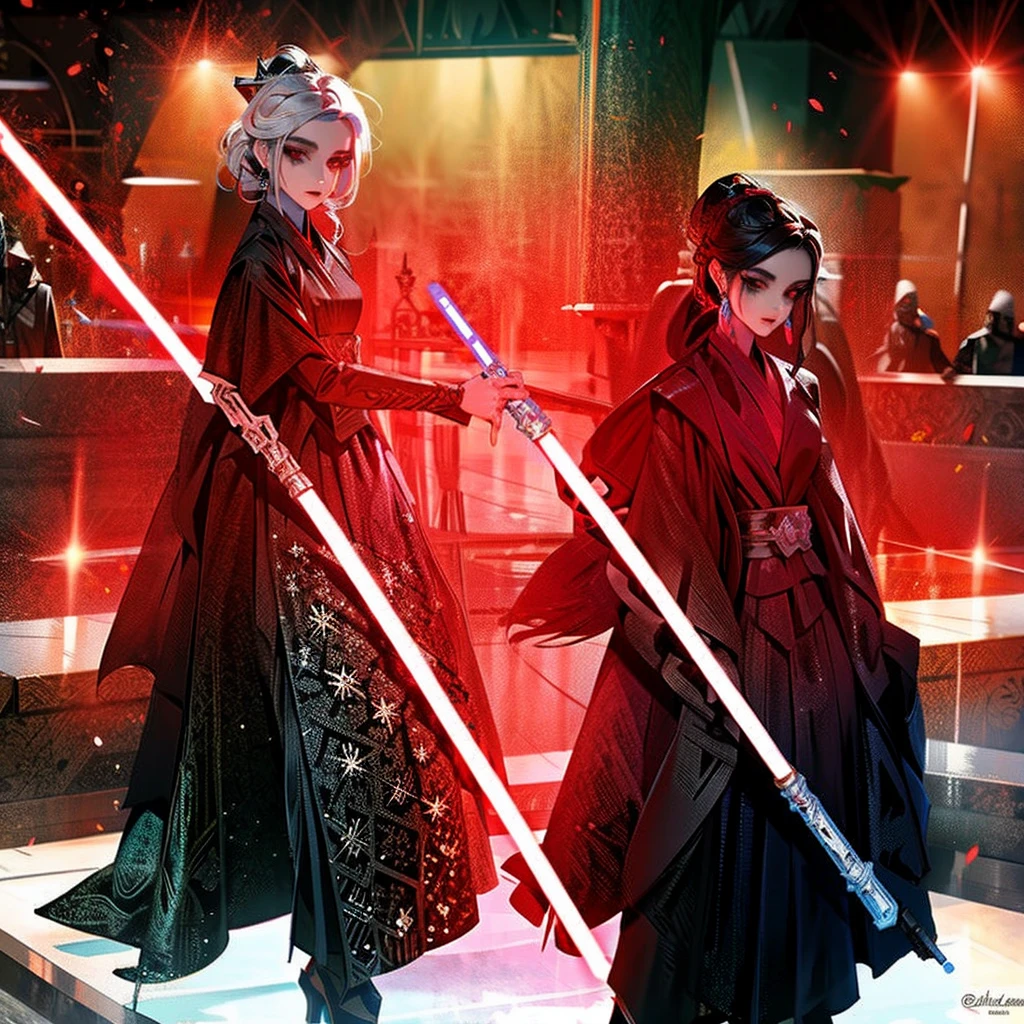 Elsa princess from Frozen dressed in a black Sith robe and holding a red Star Wars-style lightsaber in her hands, with the clone army in the background