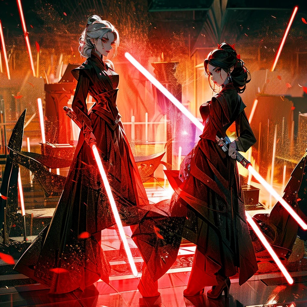 Elsa princess from Frozen dressed in a black Sith robe and holding a red Star Wars-style lightsaber in her hands, with the clone army in the background