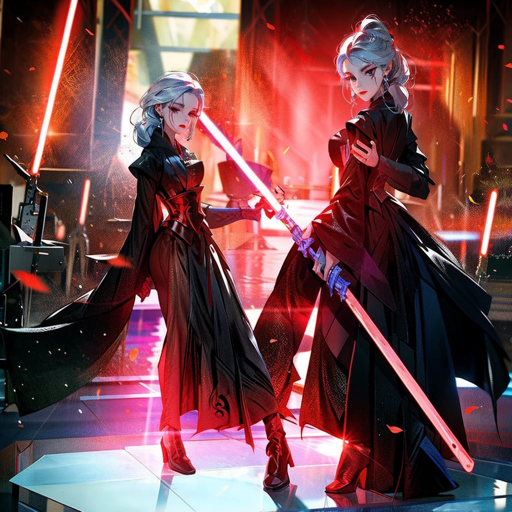 Elsa princess from Frozen dressed in a black Sith robe and holding a red Star Wars-style lightsaber in her hands, with the clone army in the background