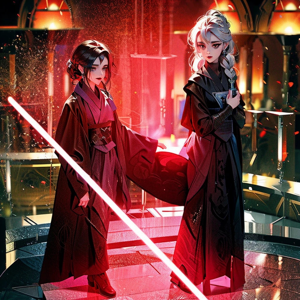 Elsa princess from Frozen dressed in a black Sith robe and holding a red Star Wars-style lightsaber in her hands, with the clone army in the background