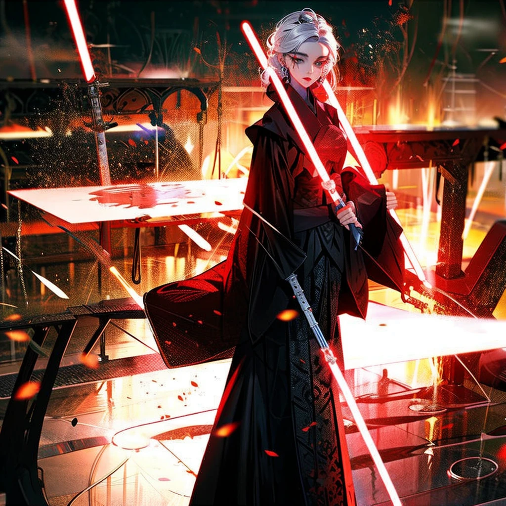 Elsa princess from Frozen dressed in a black Sith robe and holding a red Star Wars-style lightsaber in her hands, with the clone army in the background