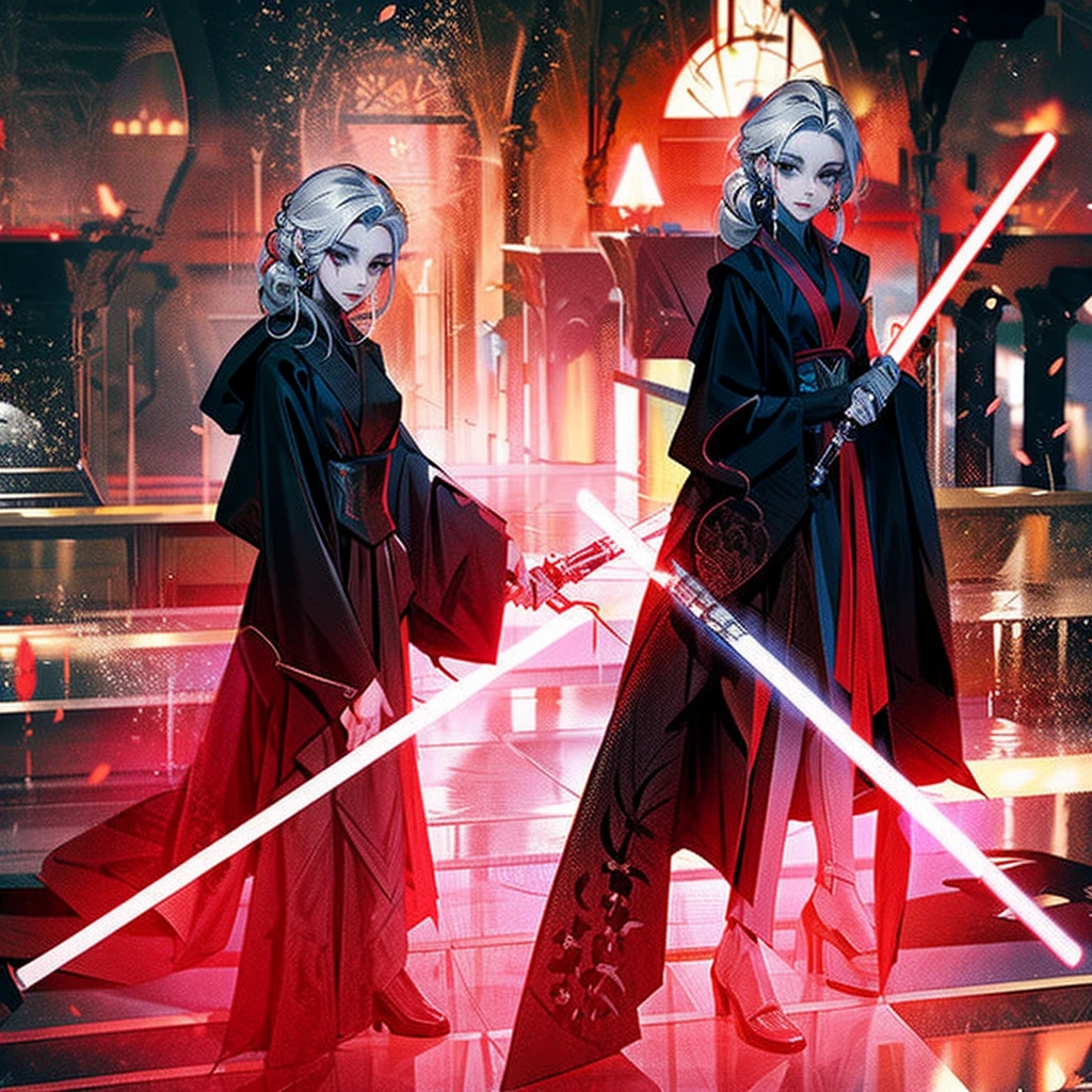 Elsa princess from Frozen dressed in a black Sith robe and holding a red Star Wars-style lightsaber in her hands, with the clone army in the background