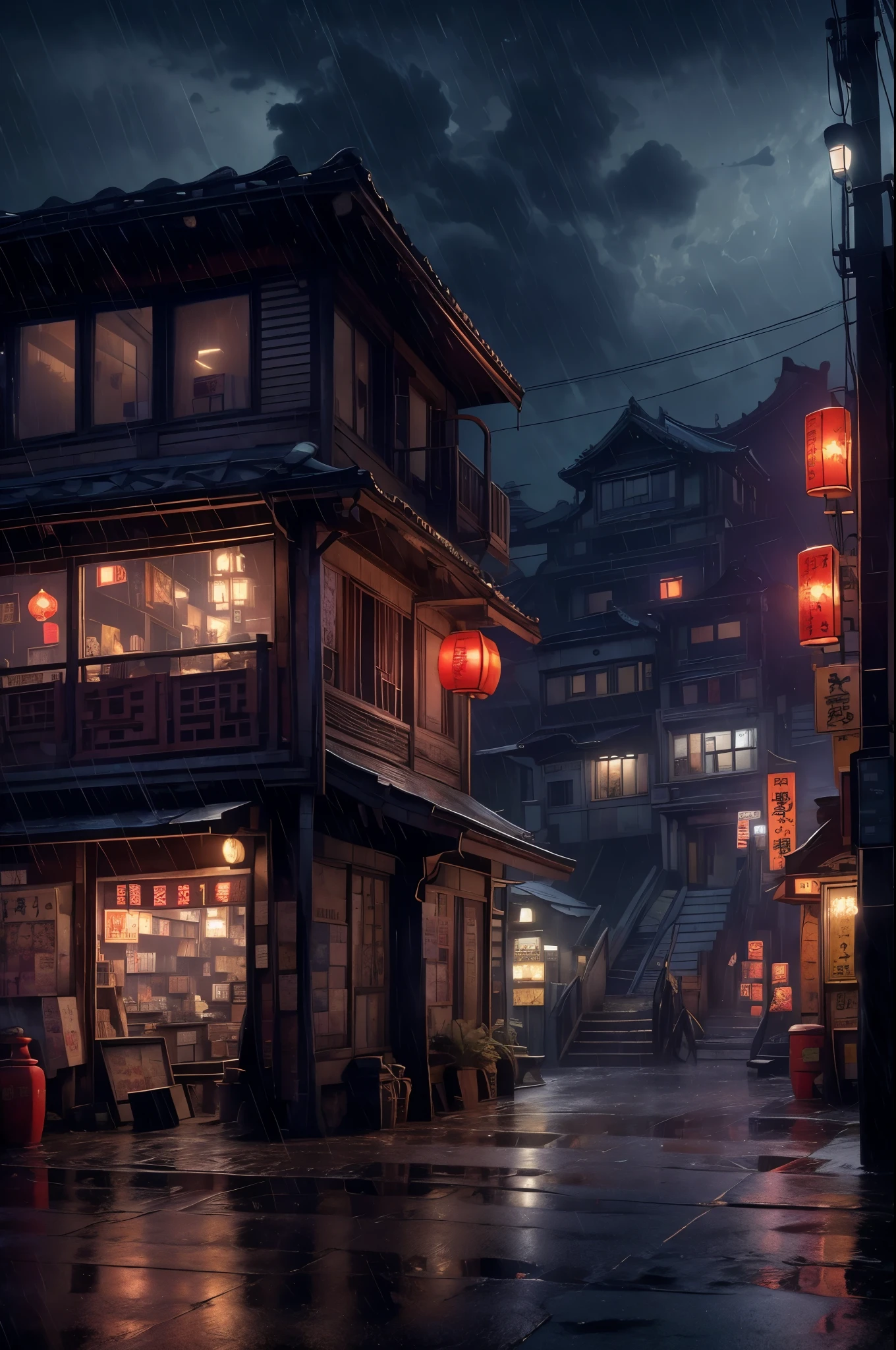 Feder village view，a lot of lights on the buildings，Dream China Town，china village，stunning wallpapers，japanese village，surreal photo of a small town，old asian village，(many old shops)，(The sky in the distance is covered with dark clouds，Red lanterns under the eaves)，japanese city，Raymond Han，rainy night, Cyberpunk Chinese Ancient Castle, well-lit building, Late afternoon，in the rain, Beautiful and beautiful, photography, light, 8k, high detail ((downpour，full of lights，stairs)))