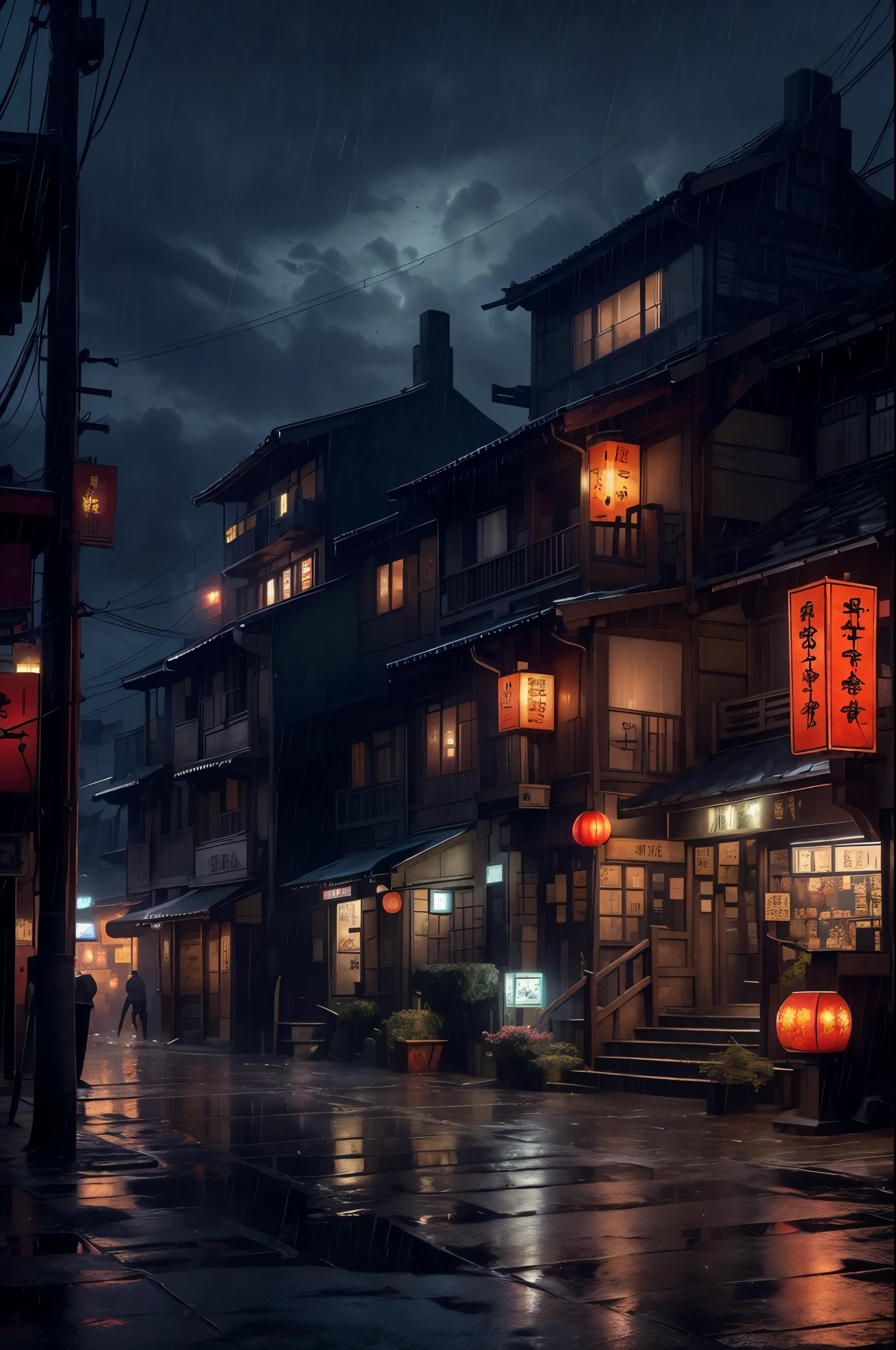 Feder village view，a lot of lights on the buildings，Dream China Town，china village，stunning wallpapers，japanese village，surreal photo of a small town，old asian village，(many old shops)，(The sky in the distance is covered with dark clouds，Red lanterns under the eaves)，japanese city，Raymond Han，rainy night, Cyberpunk Chinese Ancient Castle, well-lit building, Late afternoon，in the rain, Beautiful and beautiful, photography, light, 8k, high detail ((downpour，full of lights，stairs)))