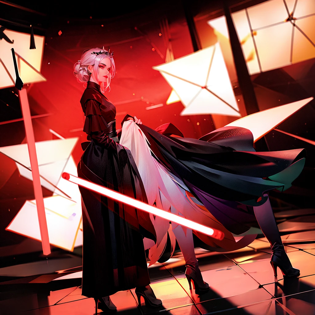 Elsa princess from Frozen dressed in a black Sith robe and holding a red Star Wars-style lightsaber in her hands, with the clone army in the background