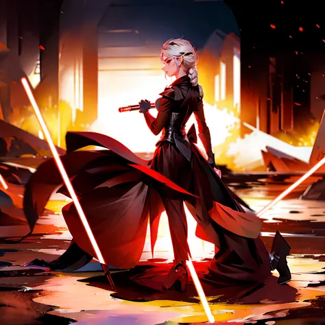 elsa princess from frozen dressed in a black sith robe and holding a red star wars-style lightsaber in her hands, with the clone...