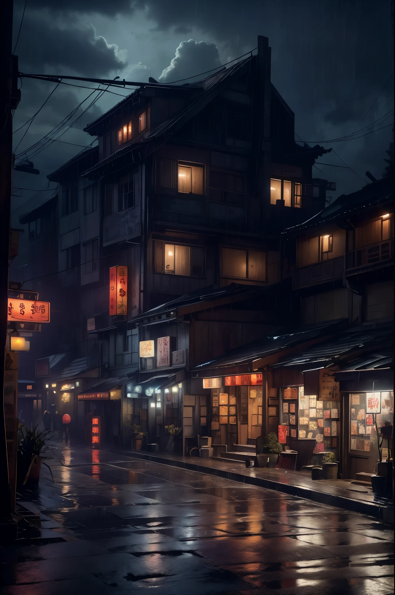 Feder village view，a lot of lights on the buildings，Dream China Town，china village，stunning wallpapers，japanese village，surreal photo of a small town，old asian village，(many old shops)，(The sky in the distance is covered with dark clouds，Red lanterns under the eaves)，japanese city，Raymond Han，rainy night, Cyberpunk Chinese Ancient Castle, well-lit building, Late afternoon，in the rain, Beautiful and beautiful, photography, light, 8k, high detail ((downpour，full of lights，stairs)))