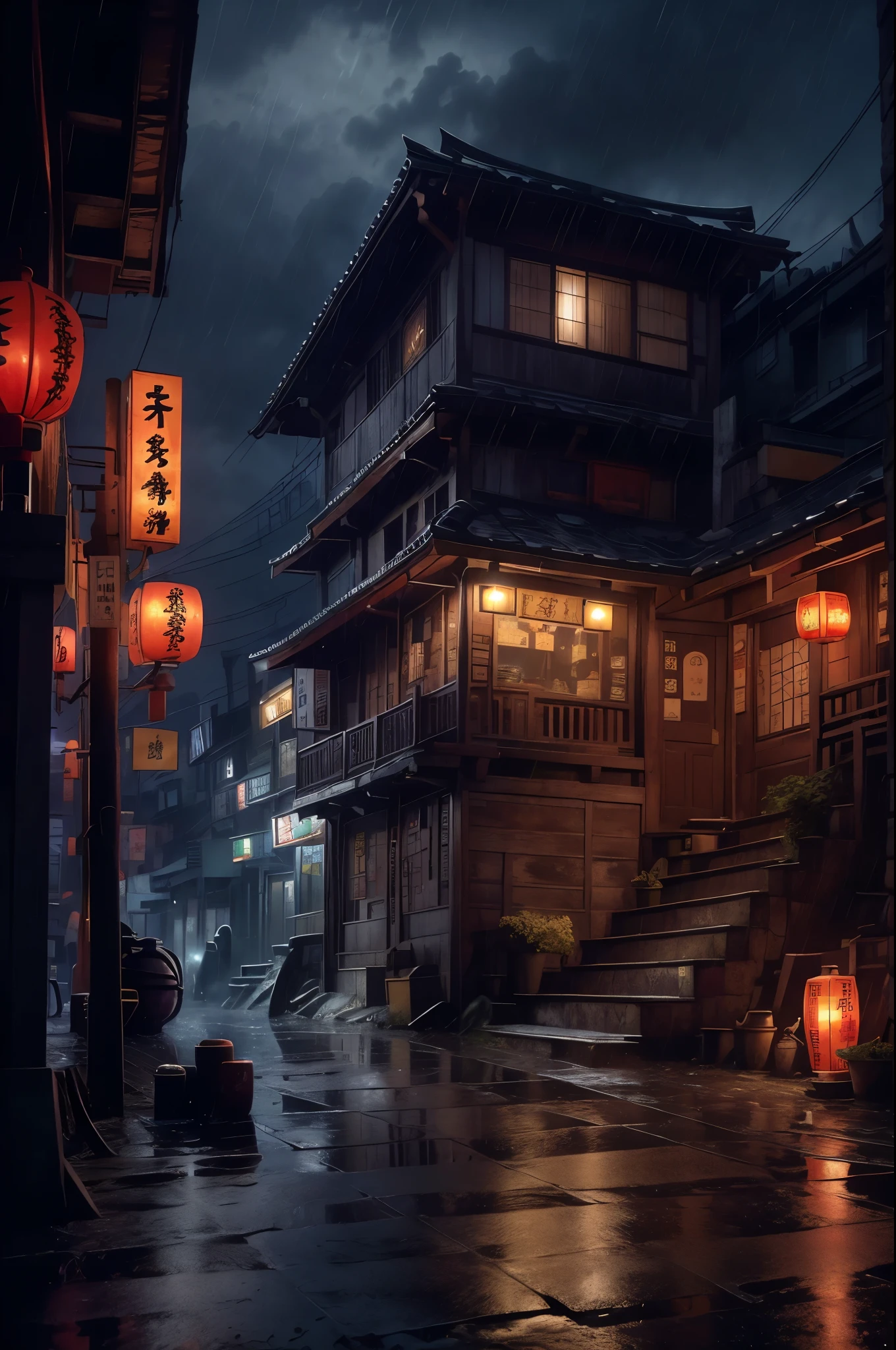 Feder village view，a lot of lights on the buildings，Dream China Town，china village，stunning wallpapers，japanese village，surreal photo of a small town，old asian village，(many old shops)，(The sky in the distance is covered with dark clouds，Red lanterns under the eaves)，japanese city，Raymond Han，rainy night, Cyberpunk Chinese Ancient Castle, well-lit building, Late afternoon，in the rain, Beautiful and beautiful, photography, light, 8k, high detail ((downpour，full of lights，stairs)))