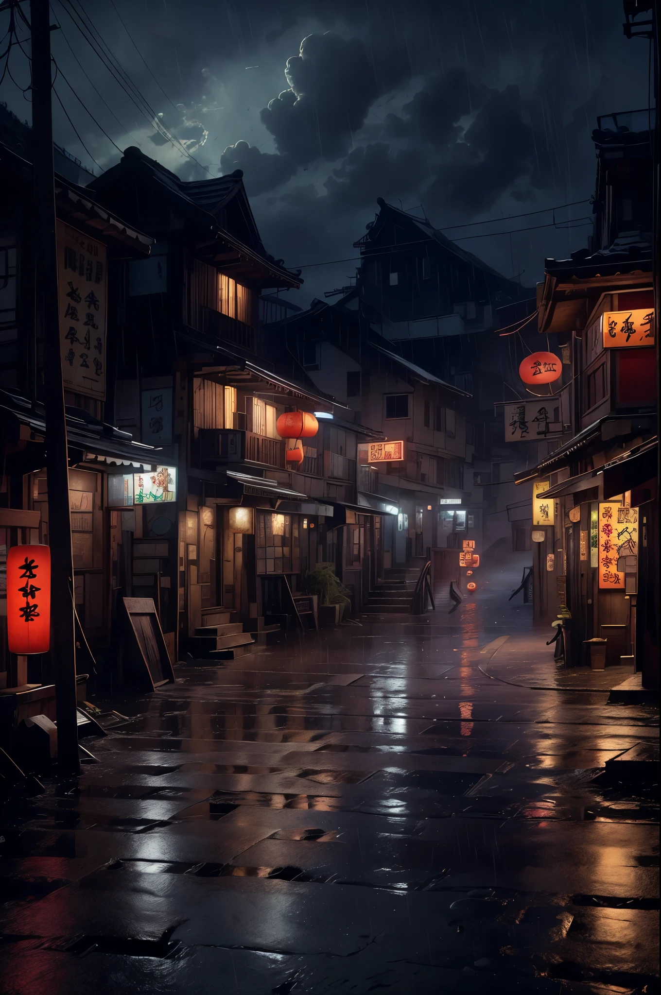 Feder village view，a lot of lights on the buildings，Dream China Town，china village，stunning wallpapers，japanese village，surreal photo of a small town，old asian village，(many old shops)，(The sky in the distance is covered with dark clouds，Red lanterns under the eaves)，japanese city，Raymond Han，rainy night, Cyberpunk Chinese Ancient Castle, well-lit building, Late afternoon，in the rain, Beautiful and beautiful, photography, light, 8k, high detail ((downpour，full of lights，stairs)))