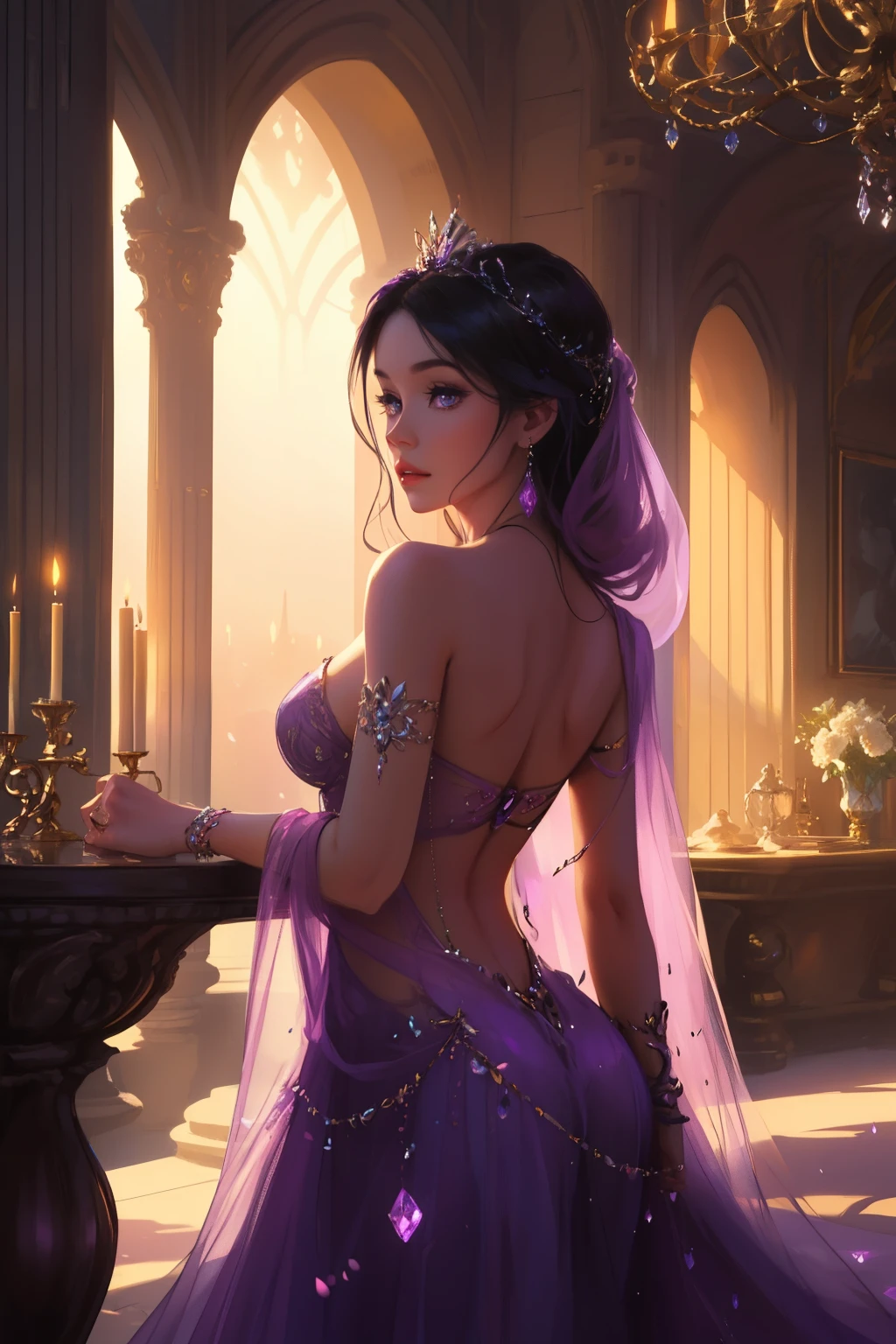 Fantasy, Sophisticated, lots of colors, High detail, Soft lighting, luxurious furnishings, Delicate flowing fairy dress, detailed jewelry, Unearthly atmosphere, Elegant pose, Graceful curves, Flowing and fluffy hair, Bright and transparent purple eyes, Delicate floral decoration, dazzling set of shiny crystal accessories, mysterious and dreamy atmosphere, hd