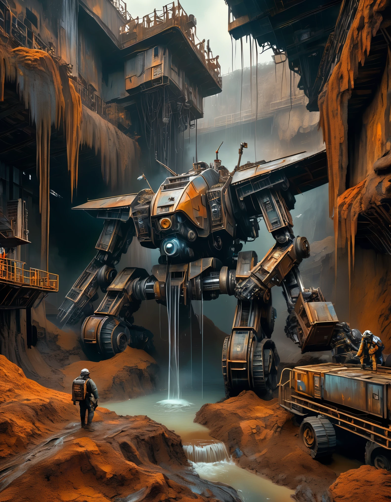 Salvage abandoned mechas，3D effect: (a huge paralyzed derelict mech being dragged out of a huge super deep pit by workers), this derelict mech is covered in rust and mud, wrecked body, super crowd standing on top of the pit, shocked expressions, mud, debris flow, wrecked, derelict, background: archaeological deep pit of dead branches and decaying leaves, dripping paint, matte painting, sci-fi, fever dream, impossible, post cyberpunk Ice Age, image from Peter Jackson's work, image from Wong Kar Wai's work, image from Emanuel Lubezki's work, Edward S. Curtis, intense atmosphere, high detail, high quality, high resolution, surrealism, high definition, 16K, depth of field (dof), bird's-eye view, ambient lighting, vintage, cyber gothic.