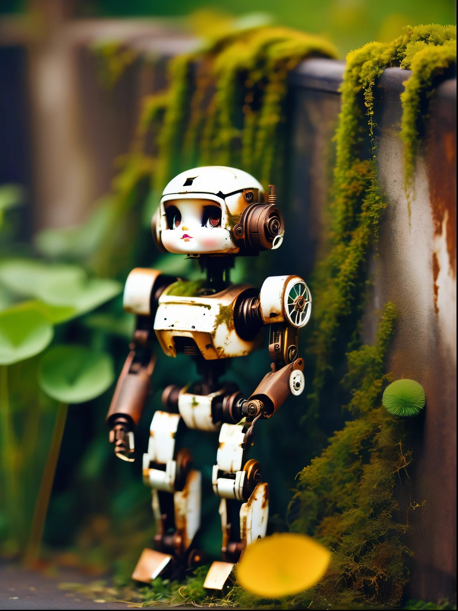 （best quality，masterpiece：1.2，detailed details），（Mechanical doll in the corner，Broken mecha doll，Old，stale，long time ago，Rusty，moss，weeds，A small white flower