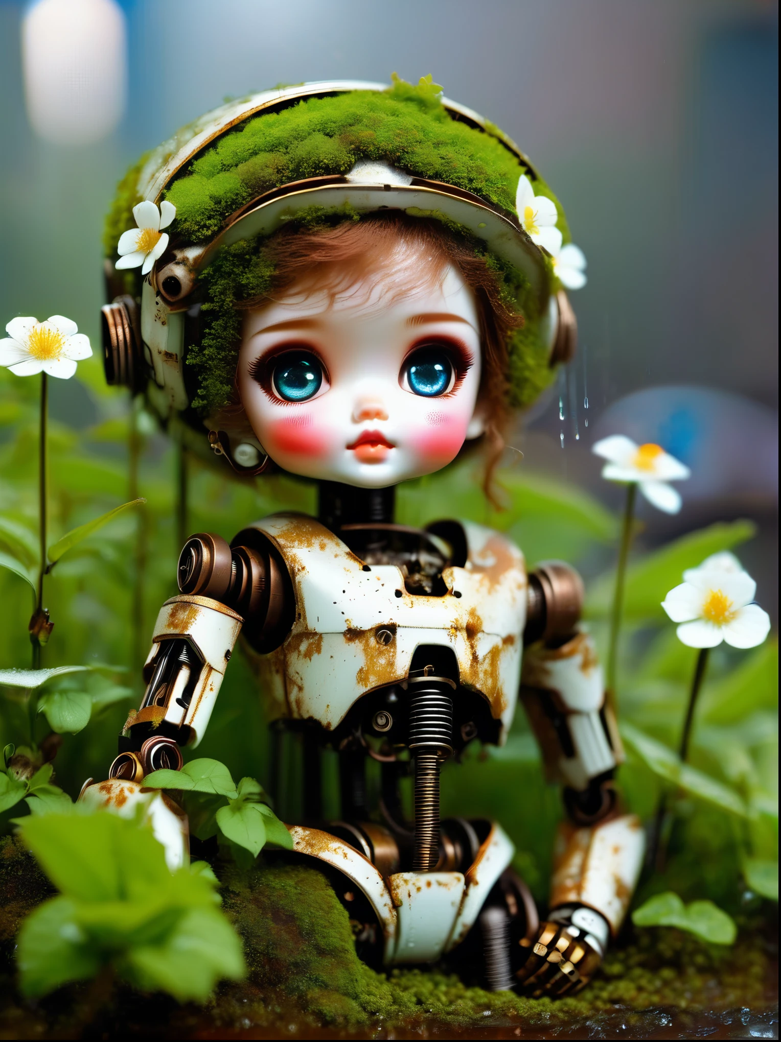（best quality，masterpiece：1.2，detailed details），（Mechanical doll in the corner，Broken mecha doll，Old，stale，long time ago，Rusty，moss，weeds，A small white flower