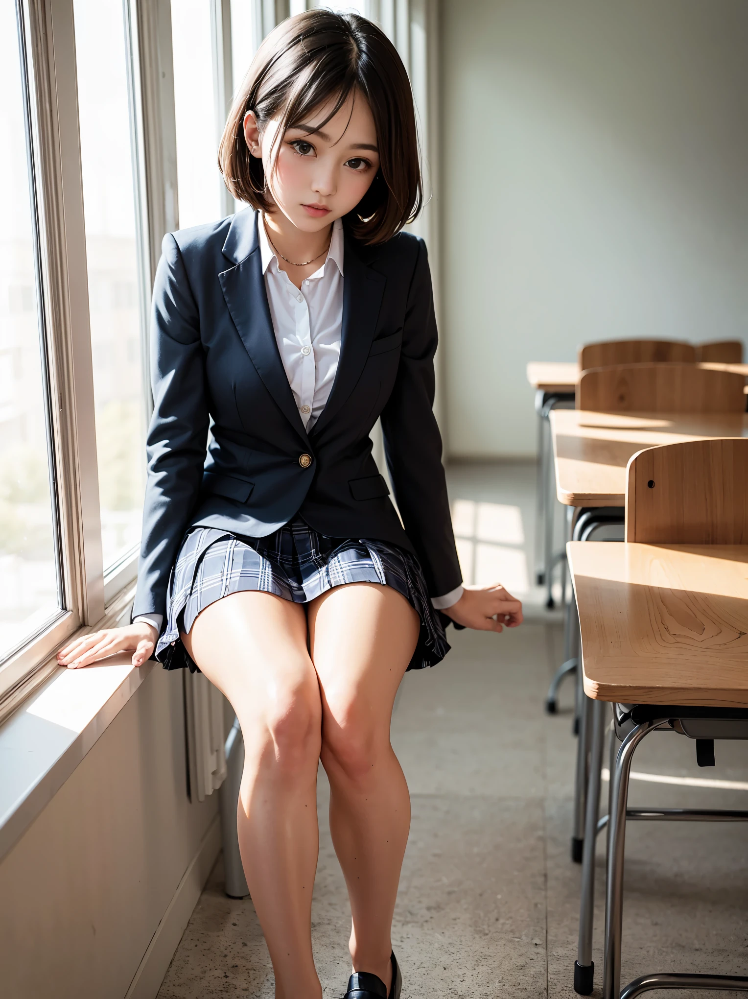 High school girl in school uniform, formal blazer, white blouse, heels, tartan check pleated skirt, thick jet black pantyhose, beautiful, masterpiece, highest quality, highly detailed face, perfect lighting, nice hands, perfect hands, (gray hair:1.2), short hair, (gray eyes:1.2), slender physique, long legs, thin, medium breasts, high school girl, super cute（school chair sitting, background classroom）black loafers,defenseless lower body