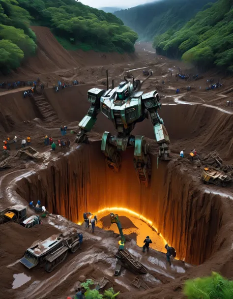 bird&#39;s eye view，mudslide buried a huge abandoned mecha，lying in a pit，the mecha is covered in rust and running mud.，broken b...