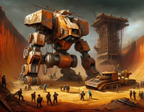  ，A huge abandoned mecha is being dragged out of a huge, super deep pit by many people.，Covered in rust and mud，Broken body，Sand...