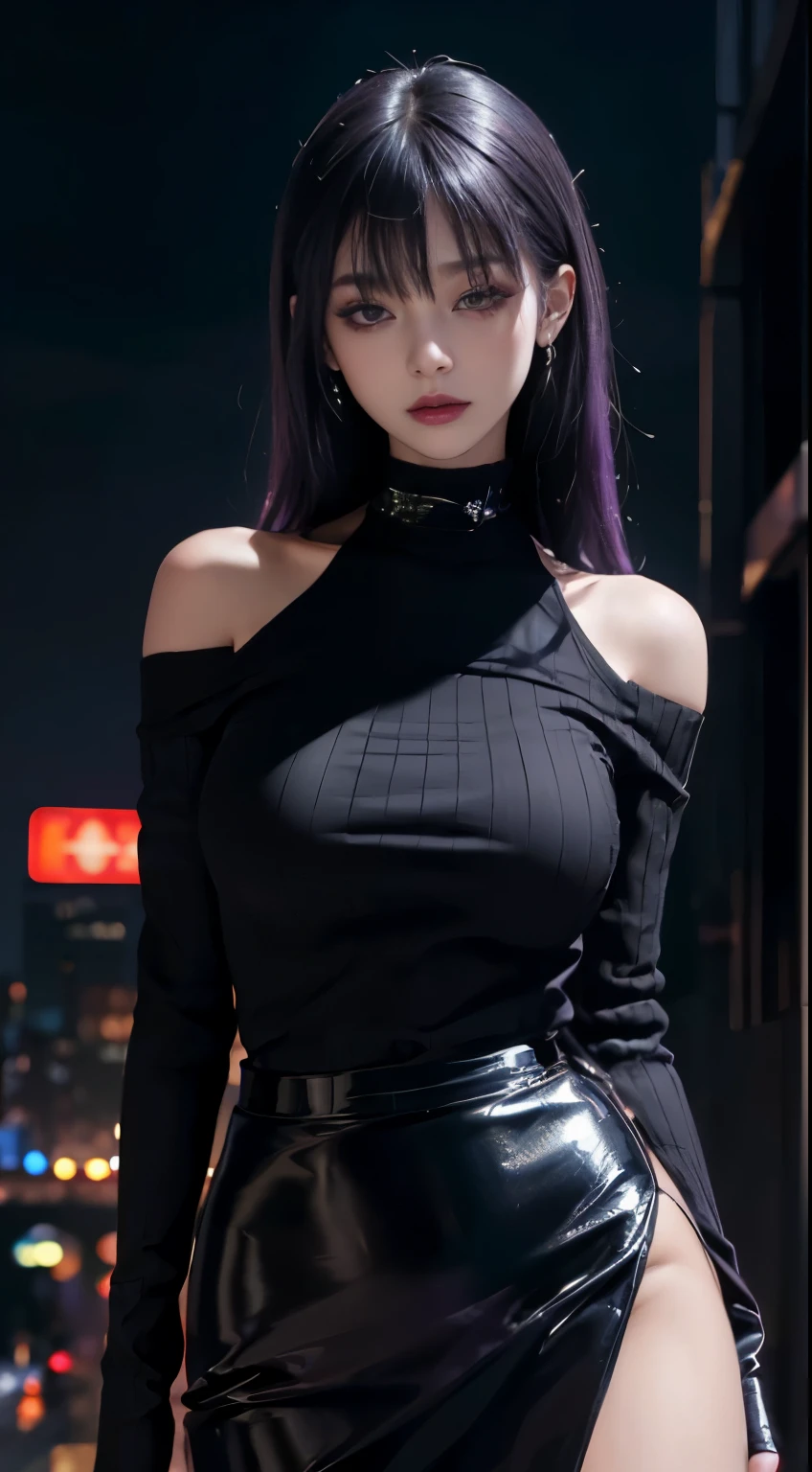 4k-ultra sharp、highest quality, masterpiece, ultra high resolution, (reality: 1.4),  1 girl, purple eyes, Off-the-shoulder sweater dresses, cinematic lighting、purple and black hair、(mine girl、goth makeup、mine makeup)、(Pierced ears、big breasts、Oversized black T-shirt with open shoulders、dark mini skirt)、((dark makeup、oil skin,sparkling skin、realistic skin texture、detailed beautiful skin、shiny skin)), dark downtown area at night、kabukicho、Dark Cyberpunk、(full shot:1.8)、thin legs、thin arms、thin shoulders、thin waist、slender body、big breasts、whole body