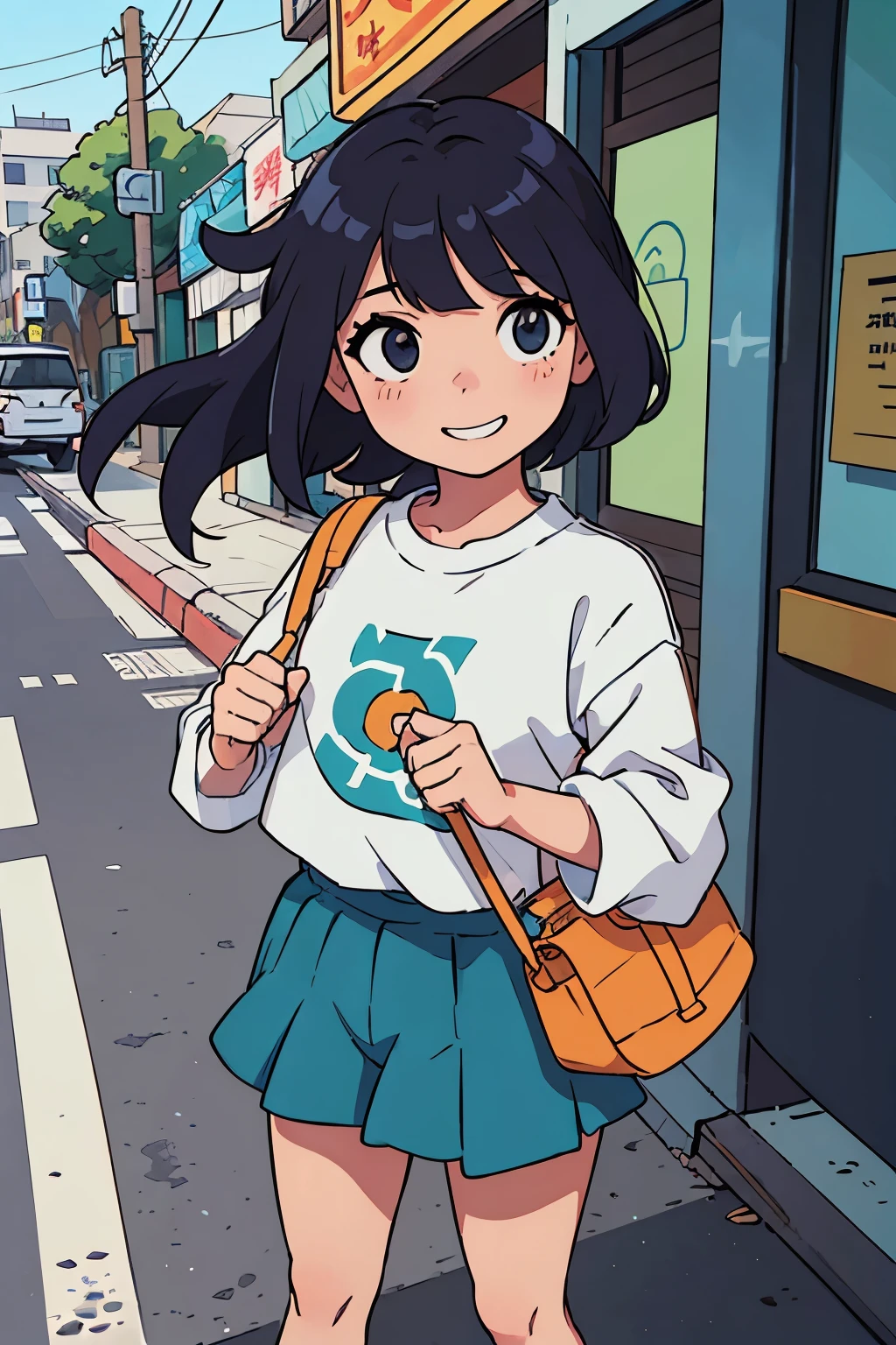 Anime girl in a skirt and t - shirt standing on a street corner - SeaArt AI