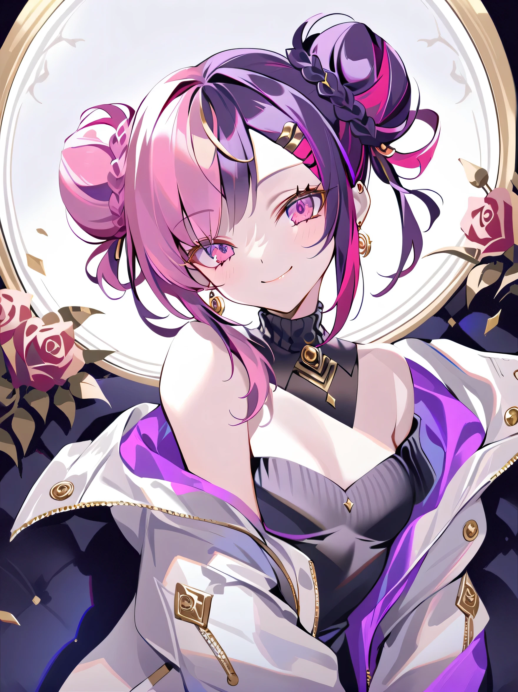 pink eyes, solo, Masterpiece, Best Quality, a 1girl, White jacket, black turtleneck, gold earrings, double bun, Jewelry, long sleeves, two tone hair, multicoloured hair, rose hair, (([rose hair | ((dark purple hair))])), emote face smile, off-shoulder, small breasts, ((asymmetrical sidelocks)),