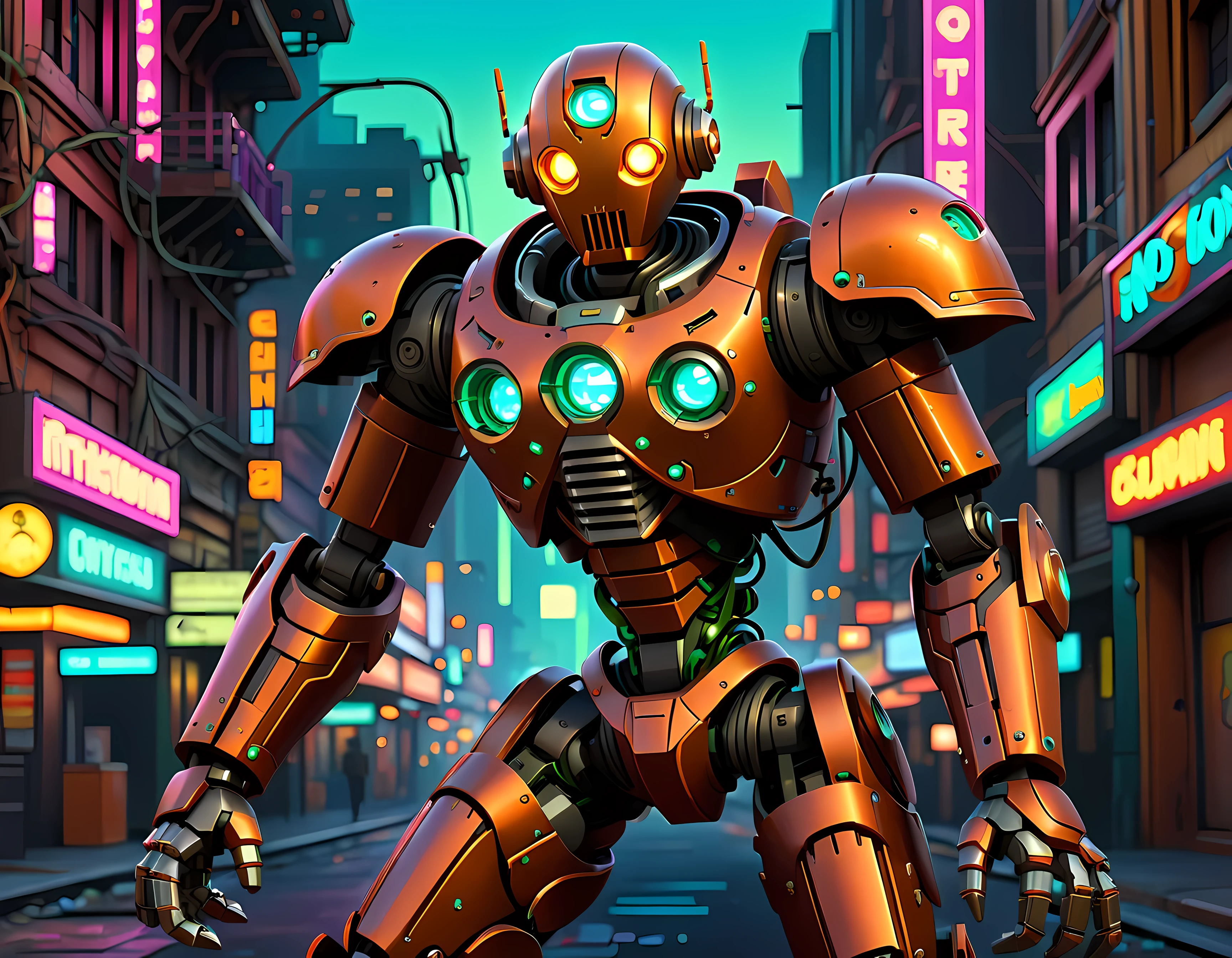 Pixel art, the abandoned mechanoid with a weathered and rusted metallic body, its intricate design blends art deco influences with advanced technology, glowing neon accents, geometric patterns, oversized gauntlets, and delicate vine-like details, a silent guardian amidst a neon-lit cityscape, masterpiece in maximum 16K resolution, superb quality. | ((More_Detail))