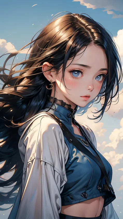 close up woman with magic hair walking,long blue sleeve crop top with under it ablouse,afarre, detailed eyes,sweet, nice, soft art, art of wlop,hyperrealistic luis royo, inspired by Trevor Brown, ulzzang, cascading, fully clothed, zhong lin, gold clouds,br...