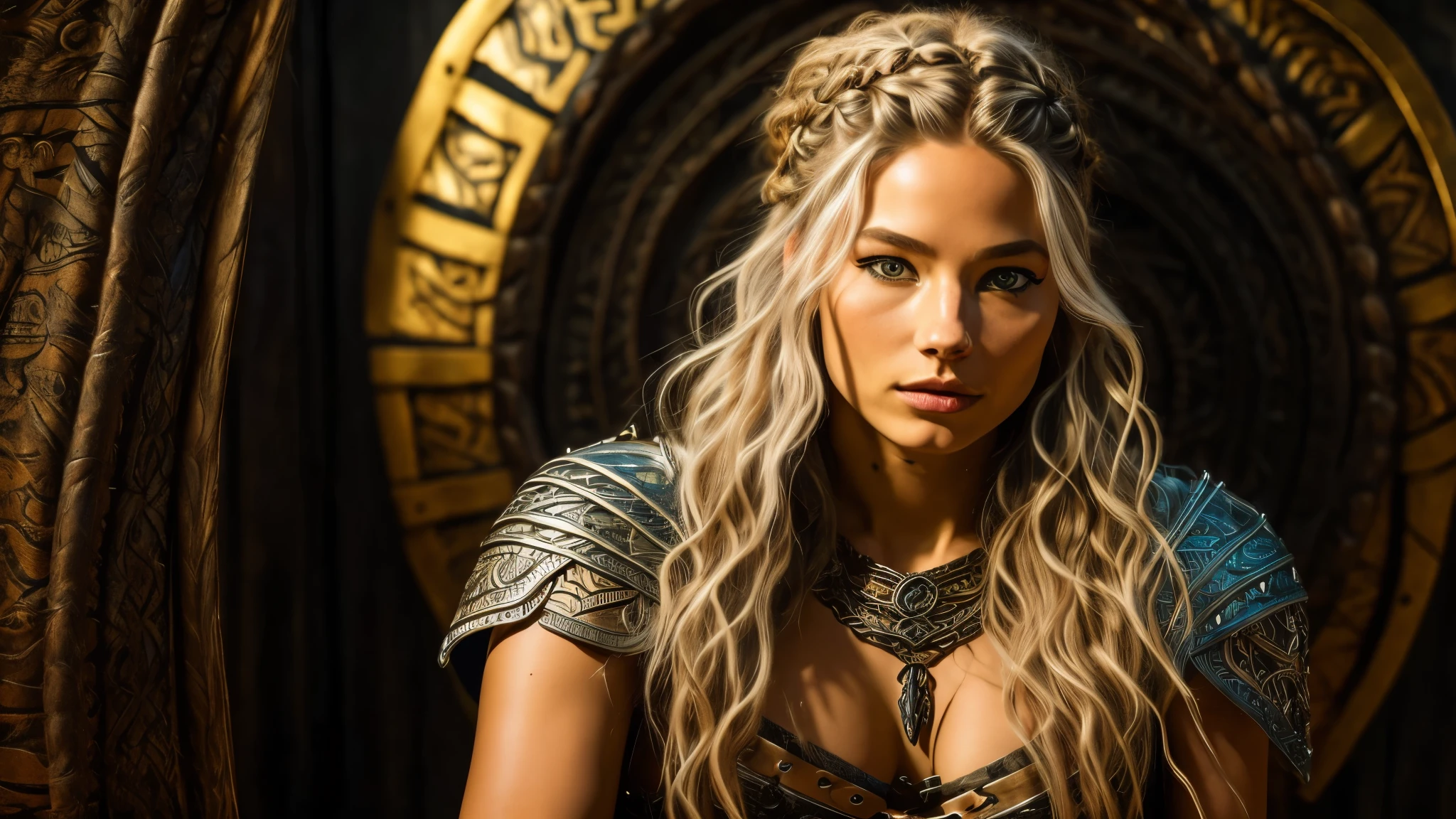 A Viking maiden, face with tribal tattoo, sits in the middle of a Viking settlement. Photorealistic face, long wavy hair in golden tones, ocean blue eyes. Her body in a silver battle bikini, adorned with intricately woven golden vines. Uses a mix of armor and clothing. Sharp focus captures every detail of her exquisitely designed tattoo, the delicate curves of her body, and the shiny metallic details of her armor. Hyper realistic.